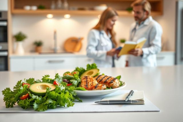 Healthy grilled chicken salad with avocado and fresh greens on a white plate in a bright, modern kitchen. Two people in white coats are blurred in the background, suggesting a nutritional or dietary context. Focus on food photography and wellness.