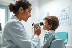 A female doctor examines a young boy's eyes in a bright, modern medical clinic. The doctor, wearing a white coat, uses an ophthalmoscope during a pediatric eye exam. Focuses on healthcare, children's health, and vision care.