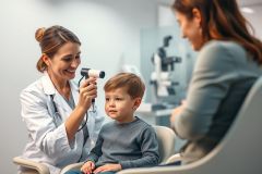 Doctor examining a young boy's ear in a bright, modern medical clinic. A mother sits nearby. Healthcare, pediatric checkup, and doctor-patient interaction are shown in this image. White coats and soft colors create a reassuring atmosphere.