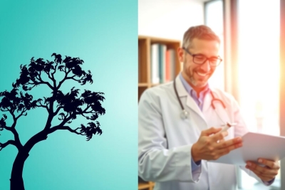 The image depicts a healthcare professional, presumably a doctor or nurse, in their workplace setting. The person is standing and looking directly at the camera with a slight smile. They are wearing a white coat and glasses, which suggests they might be a medical professional. There's a blurred background with what appears to be bookshelves, indicating an academic or clinical environment. A tree silhouette on the left side of the image adds a natural touch and may symbolize growth or health. The color palette is soft, with warm tones that give the photo a calm and professional atmosphere.