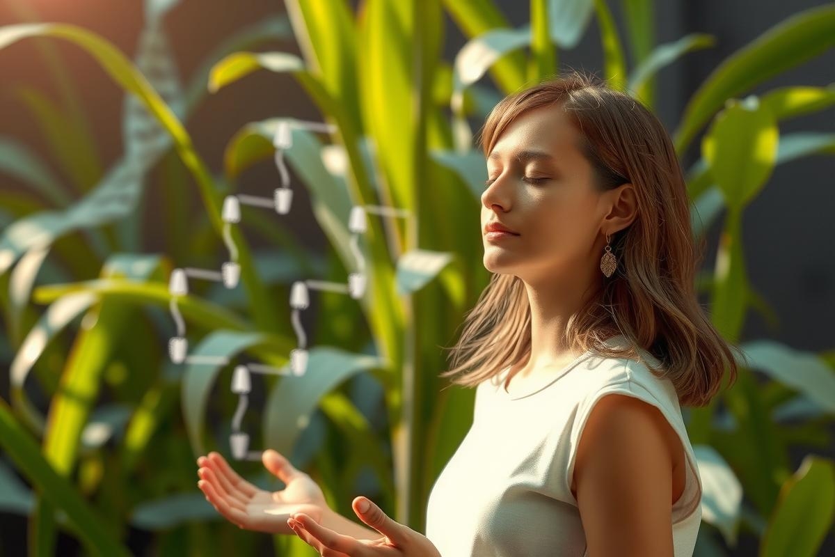 In the image, a woman is standing amidst green plants, with her hands gently placed on the soil. Her eyes are closed and she appears to be in a state of concentration or meditation, surrounded by nature.