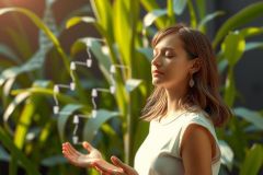 In the image, a woman is standing amidst green plants, with her hands gently placed on the soil. Her eyes are closed and she appears to be in a state of concentration or meditation, surrounded by nature.