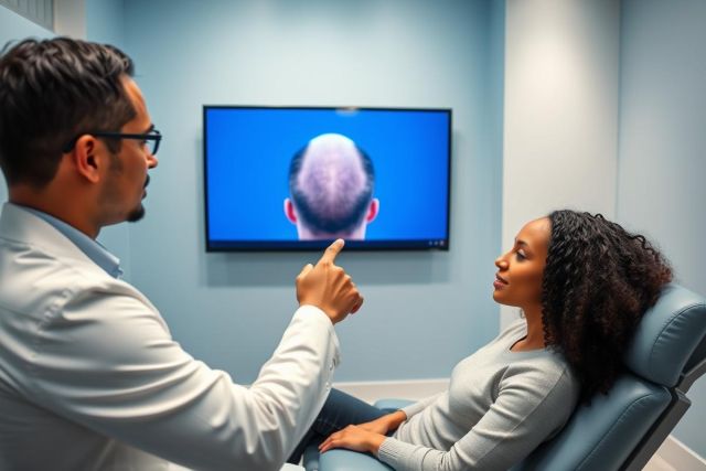 Doctor consulting with a patient about hair loss. The scene takes place in a modern, blue-toned clinic. A television screen displays an image of a bald head, likely illustrating hair restoration options. Focus on hair transplant, alopecia, and medical consultation.