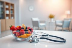 Healthy eating and wellness concept. A glass bowl filled with fresh berries, strawberries, and mango sits next to a stethoscope. The background features a bright, modern waiting room setting, suggesting healthcare and nutrition.