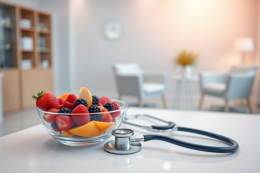 Healthy eating and wellness concept. A glass bowl filled with fresh berries, strawberries, and mango sits next to a stethoscope. The background features a bright, modern waiting room setting, suggesting healthcare and nutrition.