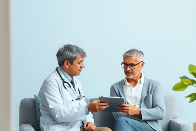 In the image, there are two men in a room. The man on the left is wearing a white coat with a stethoscope around his neck, indicating he might be a doctor or medical professional. The other man is holding a tablet and appears to be showing something to the first man. They seem to be engaged in a discussion, possibly related to healthcare or medical matters.