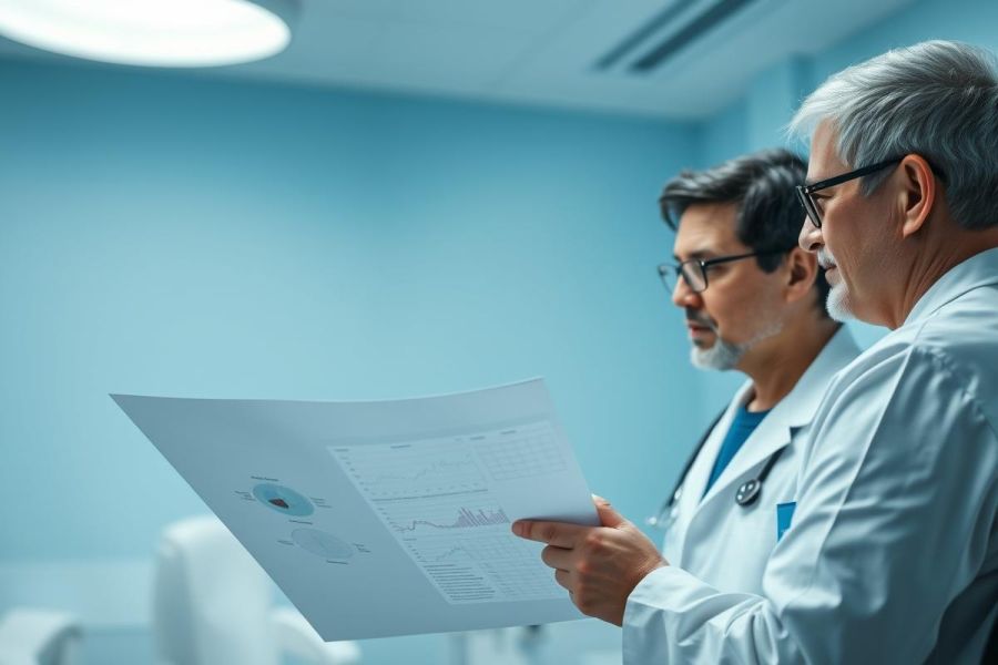 Two doctors in white coats examine a medical chart in a bright, blue-toned hospital setting. The image depicts healthcare professionals reviewing data, likely discussing patient information or research findings. Focus on medical analysis and patient care.
