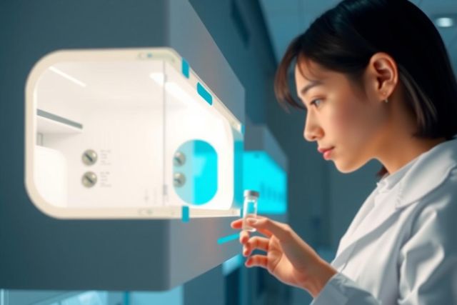Scientist in a lab coat examines a vial of liquid, likely medication or vaccine. The image showcases a bright, clean laboratory setting with a focus on scientific research and analysis.