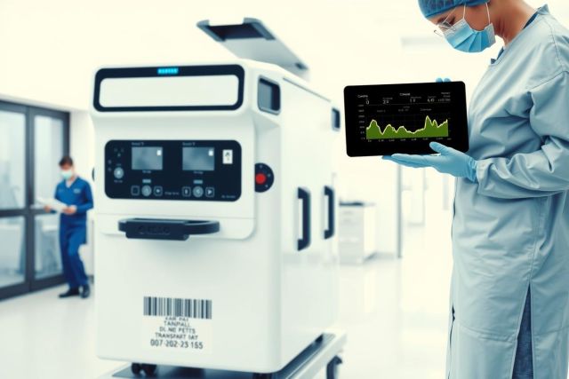 Medical professional in scrubs reviewing data on a tablet near advanced medical equipment in a hospital setting. The image highlights technology and healthcare.