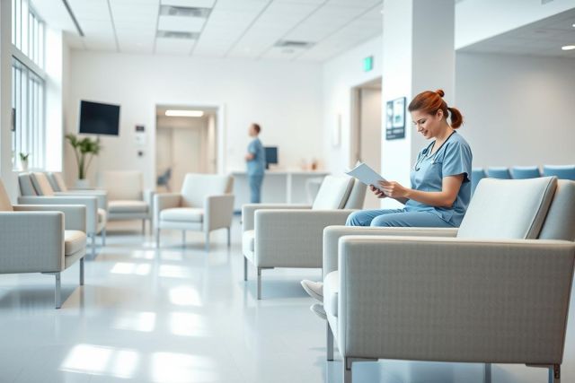 Healthcare professionals in a modern, brightly lit hospital waiting room. A nurse in blue scrubs reviews a document while another staff member is visible in the background. Clean white and light blue tones dominate the scene, conveying a professional and calming atmosphere. Focus on medical staff and healthcare environment.