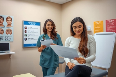 This image depicts a professional setting where two people are having a conversation. The person on the right appears to be seated and smiling, while the person on the left is standing and holding some papers or notes.
