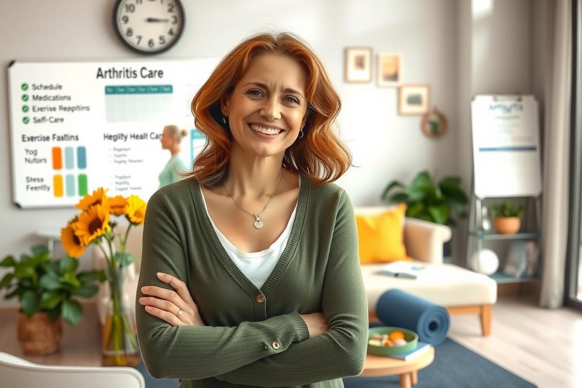 A cheerful woman in a modern office, standing and smiling towards the camera. She is dressed in casual yet professional attire with a green cardigan and has reddish-blonde hair.