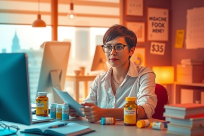 The image depicts a professional woman seated at her workstation. She is wearing glasses and appears to be working on a computer with multiple screens. Her desk is organized with papers, books, and various office items.