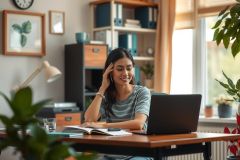 A woman in a room with a laptop, potted plants, and books. She is smiling and appears to be engaged in work or study.