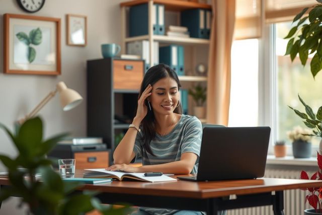 A woman in a room with a laptop, potted plants, and books. She is smiling and appears to be engaged in work or study.