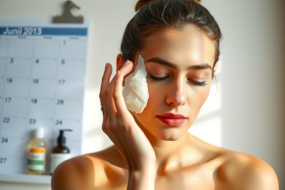 The image shows a woman in front of a calendar. She is applying skincare products with both hands, focusing on her face. The environment suggests a home setting. The woman appears to be using skincare products, likely moisturizers or cleansers.