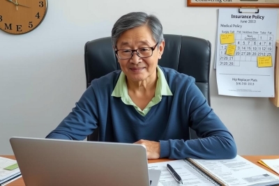 An Asian man is sitting in a chair at his desk. He is wearing glasses and has a laptop open in front of him. The desk holds various items including papers, notebooks, a pen.