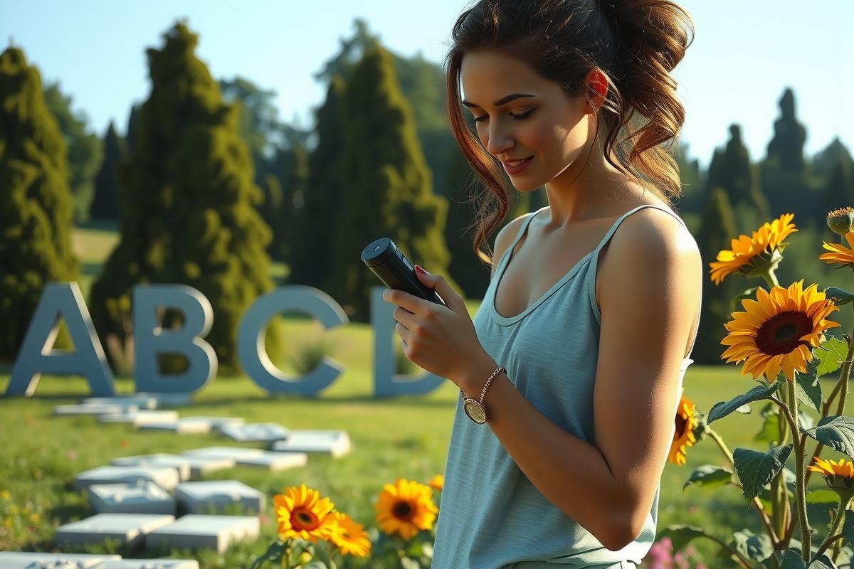 The image shows a woman in an outdoor setting with sunflowers and a sign that reads ABC. The woman is looking at her smartphone, which she holds in her right hand. She has long hair and is wearing a sleeveless top. The scene appears to be during the daytime under clear skies.