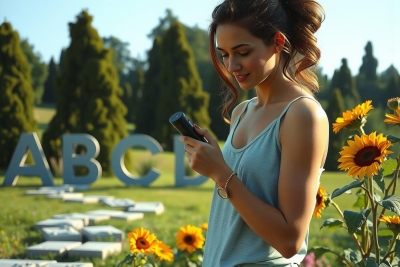 The image shows a woman in an outdoor setting with sunflowers and a sign that reads ABC. The woman is looking at her smartphone, which she holds in her right hand. She has long hair and is wearing a sleeveless top. The scene appears to be during the daytime under clear skies.
