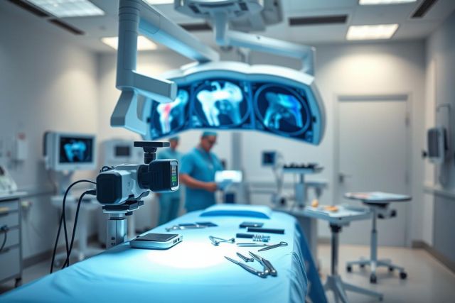Surgical operating room scene with medical equipment, blue lighting, and surgical tools on a table. Doctors in scrubs are visible in the background. Focus on advanced medical technology and sterile environment, highlighting healthcare and surgery themes.