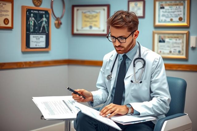 A doctor in a white lab coat is sitting at a desk with medical papers. He appears focused, possibly reviewing patient information. The office environment suggests a professional setting for medical consultations.