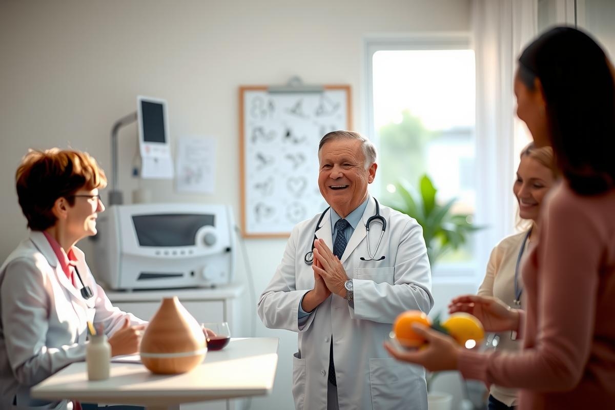 The image depicts a professional setting, likely a doctor's office or clinic. In the center stands a smiling male doctor wearing a medical gown and a stethoscope around his neck. He is surrounded by three female colleagues who are also dressed in medical attire.
