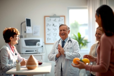 The image depicts a professional setting, likely a doctor's office or clinic. In the center stands a smiling male doctor wearing a medical gown and a stethoscope around his neck. He is surrounded by three female colleagues who are also dressed in medical attire. 
