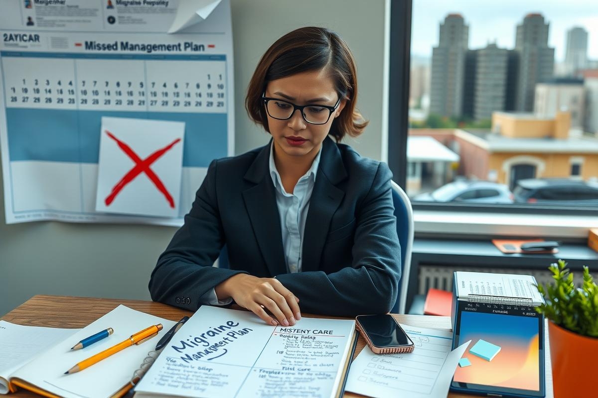 The image shows a professional woman sitting at her office desk. She wears a dark suit and glasses, suggesting she might be a business executive or manager. The desk is littered with various items, including papers, a notepad, pens, a cell phone, and a small potted plant.