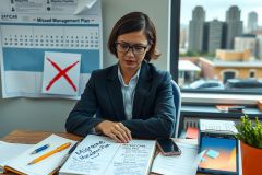 The image shows a professional woman sitting at her office desk. She wears a dark suit and glasses, suggesting she might be a business executive or manager. The desk is littered with various items, including papers, a notepad, pens, a cell phone, and a small potted plant.