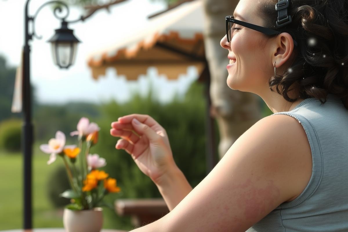 The image shows a woman seated outdoors, wearing glasses and holding her hand up as if she is in the middle of speaking or gesturing. 