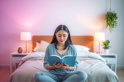 The image shows a woman sitting on a bed with a blue book in her hands. She is engaged in reading the book while holding it open. The room has modern furnishings and appears to be well-lit, possibly from a window out of view.