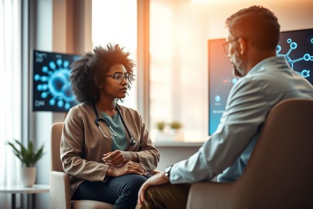Doctor and patient consultation in a modern medical office. A female doctor wearing a stethoscope speaks with a male patient. Warm lighting and medical displays in the background suggest a healthcare setting and focus on patient care and diagnosis.