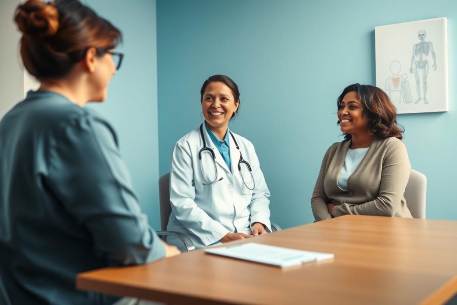 Doctor consults with two patients in a bright, modern medical office. The scene features a smiling doctor in a white coat, blue walls, and a warm wood table, suggesting a positive healthcare experience.