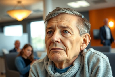 This image features an older man seated in what appears to be a modern indoor environment, possibly an office or meeting room. He is wearing a gray sweater and looks focused or contemplative, with his gaze directed off-frame.