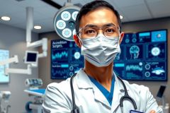 The image shows a medical professional, possibly a doctor or nurse, wearing a white surgical mask. The individual is inside what appears to be an advanced medical facility with digital monitors and various medical equipment. The attire suggests a sterile environment and the background highlights a setting that uses technological interfaces for patient care.