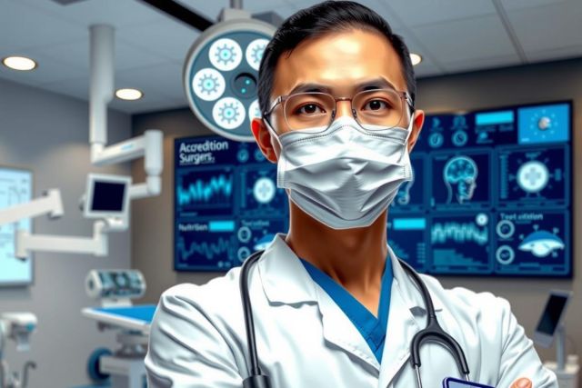 The image shows a medical professional, possibly a doctor or nurse, wearing a white surgical mask. The individual is inside what appears to be an advanced medical facility with digital monitors and various medical equipment. The attire suggests a sterile environment and the background highlights a setting that uses technological interfaces for patient care.