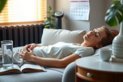 The image shows a woman lying on bad in a cozy room, wearing casual clothing. She is holding one hand up to the forehead and appears relaxed or possibly reading from a book.