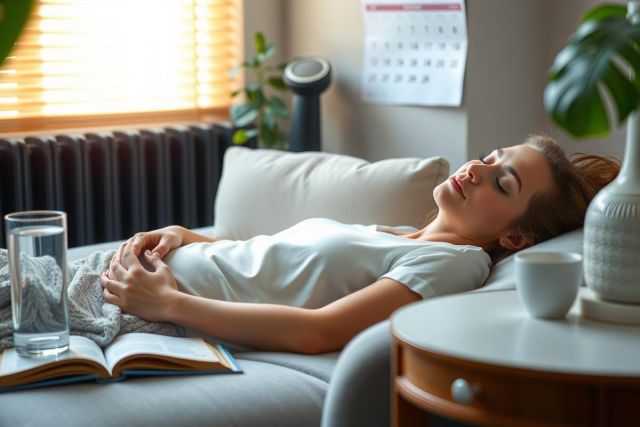 The image shows a woman lying on bad in a cozy room, wearing casual clothing. She is holding one hand up to the forehead and appears relaxed or possibly reading from a book.