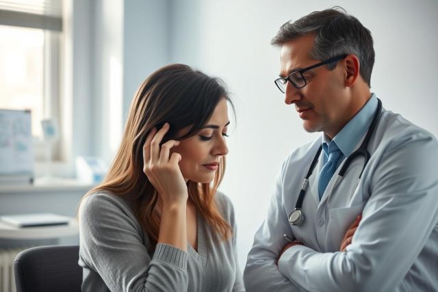Concerned doctor speaking with a patient in a medical office. The image depicts a healthcare consultation with a woman looking distressed and a male physician in a white coat and glasses. Neutral colors and a clinical setting convey a serious medical discussion.