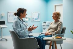 Doctor consults with a senior patient in a bright, modern medical office. The scene features a female physician in a white coat discussing health concerns with an older woman. Blue walls and medical equipment create a clinical environment. Healthcare, consultation, and senior care themes are prominent.