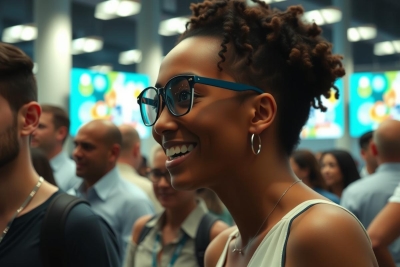 The image captures a lively event where people are gathered. A woman in the foreground is wearing glasses and smiling, appearing to be enjoying herself. She is looking towards another person, possibly engaging with them.