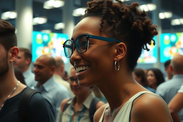 The image captures a lively event where people are gathered. A woman in the foreground is wearing glasses and smiling, appearing to be enjoying herself. She is looking towards another person, possibly engaging with them.
