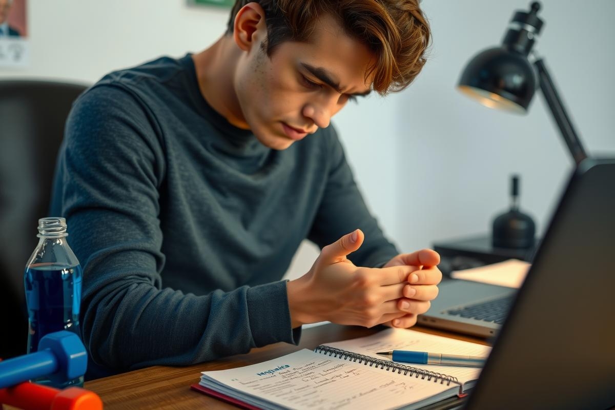 The image shows a focused young man sitting at a desk. He's wearing a dark blue, long-sleeved shirt. A laptop is to the left of the desk, with several books or papers scattered around it.