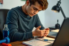 The image shows a focused young man sitting at a desk. He's wearing a dark blue, long-sleeved shirt. A laptop is to the left of the desk, with several books or papers scattered around it.