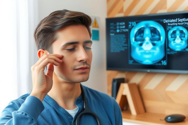 The image features a young man, presumably a medical professional like a doctor or nurse, seated in an office environment. He is using a computer monitor displaying what appears to be brain imaging scans, likely conducting a virtual consultation or examination.