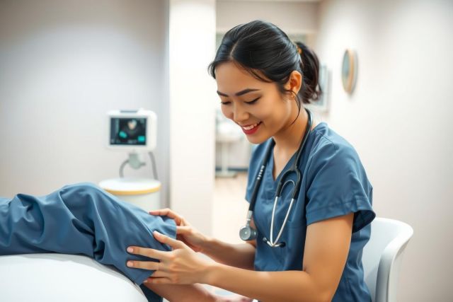 A healthcare professional in scrubs examines a patient's leg during a medical consultation in a brightly lit clinic or hospital room. Focus on patient care and diagnostics.