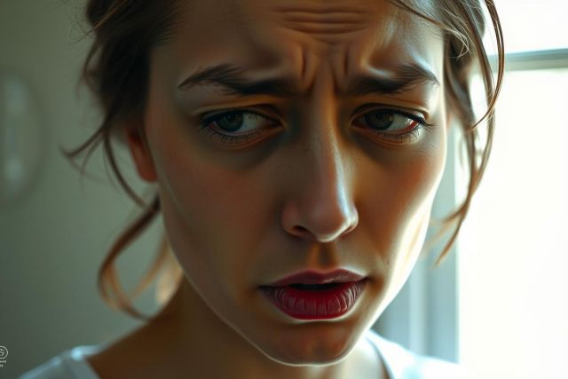 The photo shows a young woman looking at the camera with a slightly uncomfortable expression; her eyebrows are furrowed. She has short hair and is wearing a white top. The background appears to be an interior, likely a room with a window to the right, creating a calm yet intimate atmosphere.