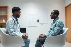 Doctor and patient consultation in a modern clinic. A male doctor wearing a stethoscope sits opposite a patient in a light-filled room. Focus on healthcare, medical appointment, and professional discussion with a calm, neutral color palette.