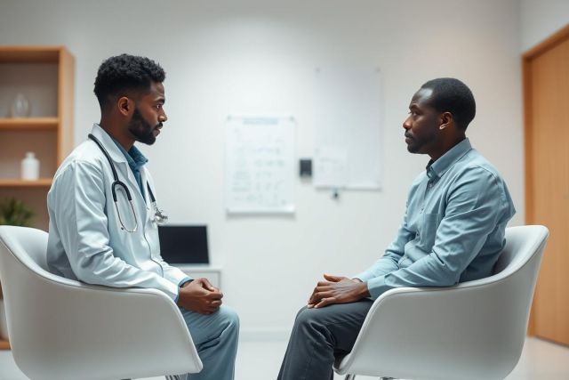 Doctor and patient consultation in a modern clinic. A male doctor wearing a stethoscope sits opposite a patient in a light-filled room. Focus on healthcare, medical appointment, and professional discussion with a calm, neutral color palette.