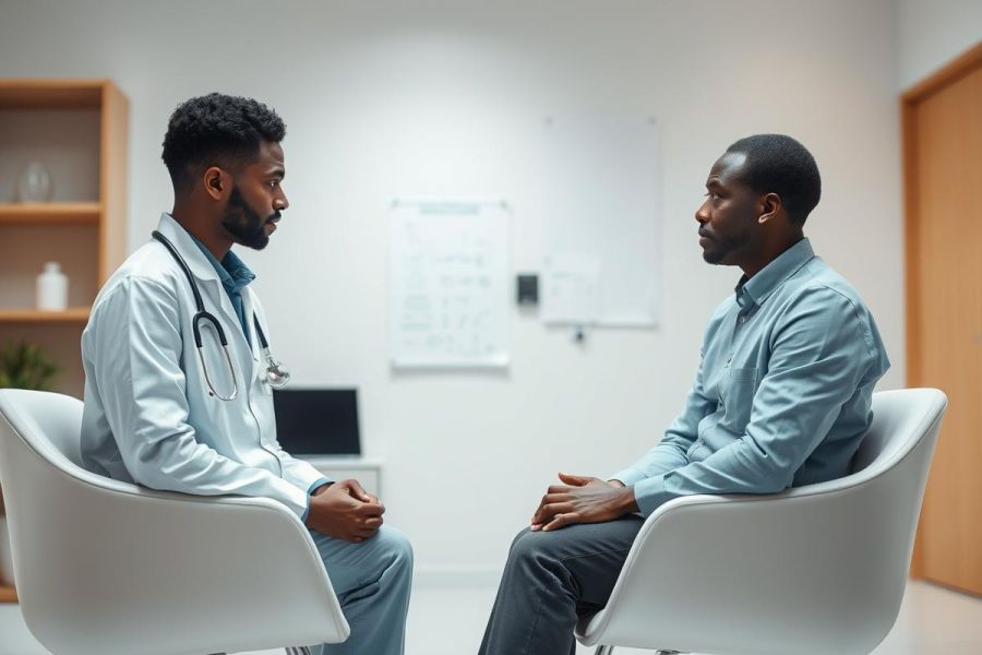 Doctor and patient consultation in a modern clinic. A male doctor wearing a stethoscope sits opposite a patient in a light-filled room. Focus on healthcare, medical appointment, and professional discussion with a calm, neutral color palette.